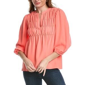 Trina Turk Azalea Top Women's Size XS NWT Salmon Pink Ruched Yoke Blouse V-Neck